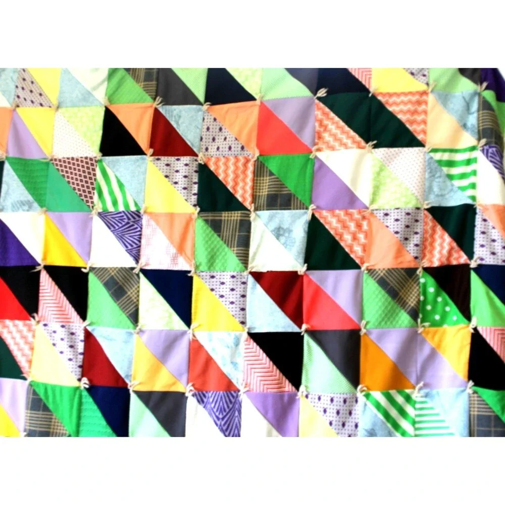 Vintage Handmade Granny Square/Triangle Quilt-Hand Tied, Machine Sewn 97